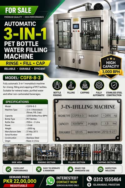 Automatic 3-in-1 PET Bottle Water Filling Machine – 3000 BPH