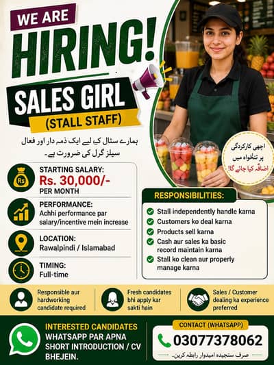 Sales Girl Required – Stall Staff | Salary 30,000+