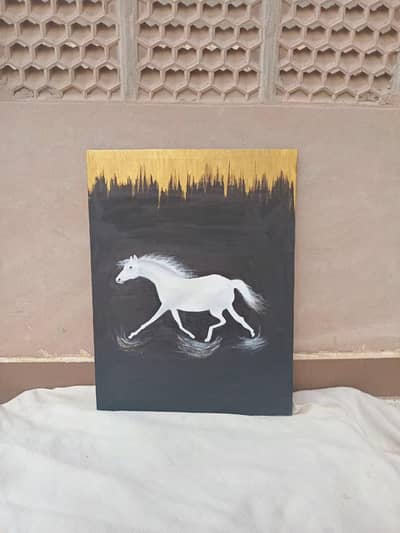 Handmade white horse Canvas wall art - black and gold abstract
