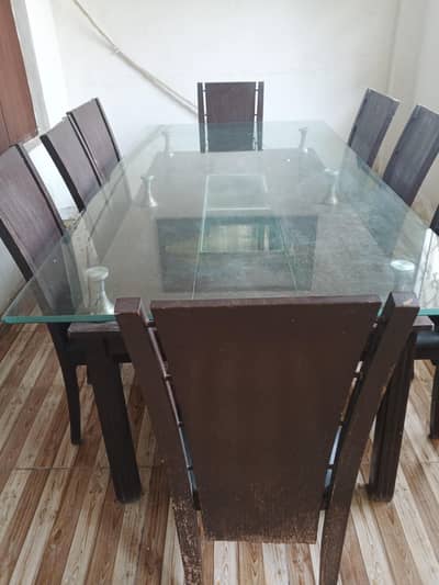 8-Seater Wooden Dining Table with Glass Top & Chairs – Good Condition
