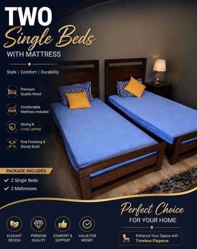 Set of 2 Wooden Single Beds + Comfortable Mattresses Included