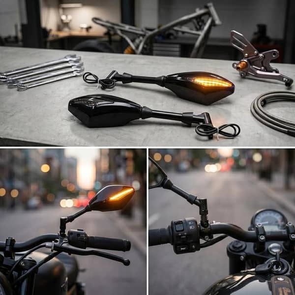 Universal Motorcycle Handlebar Side Mirrors With Led Integrated Amber Turn Signals