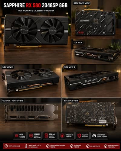 Sapphire RX 580 2048SP 8GB | 100% Working | Heaven & FurMark Tested