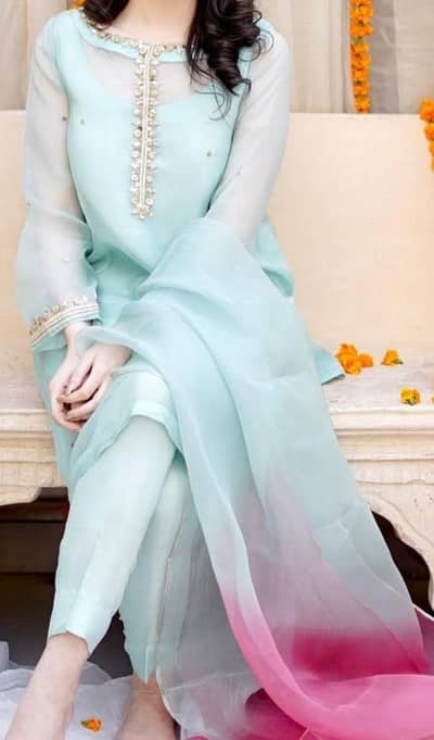 Beautiful Sky Blue 3-Piece Dress with light Pink and sky blue  Dupatta