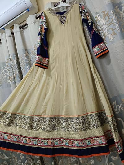 Beautiful Beige & Navy Blue Long Frock – Embroidered Party Wear