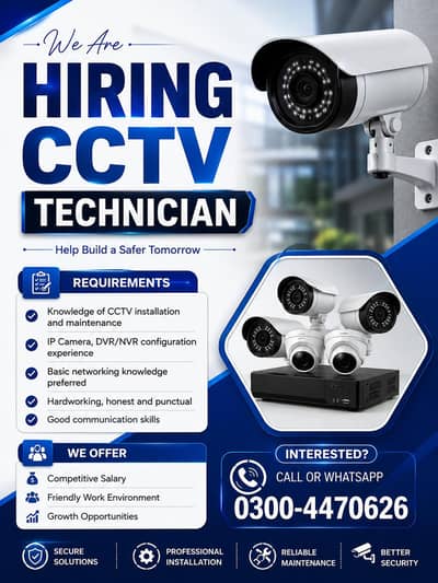 CCTV technician Job, CCTV Techniccation required, CCT. Helper required