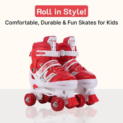 Kids Adjustable Roller Skates | 4 Wheel Skates for Boys & Girls | Red