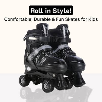 Kids Adjustable Roller Skates | 4 Wheel Skates for Boys & Girls | Blac
