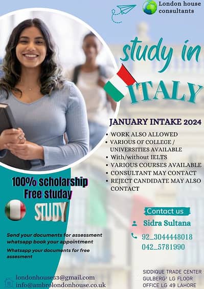 Study ITALAY 100 SCHOLARSHIP FREE STUDAY jan INTAKE 2027/APPOINTMEN