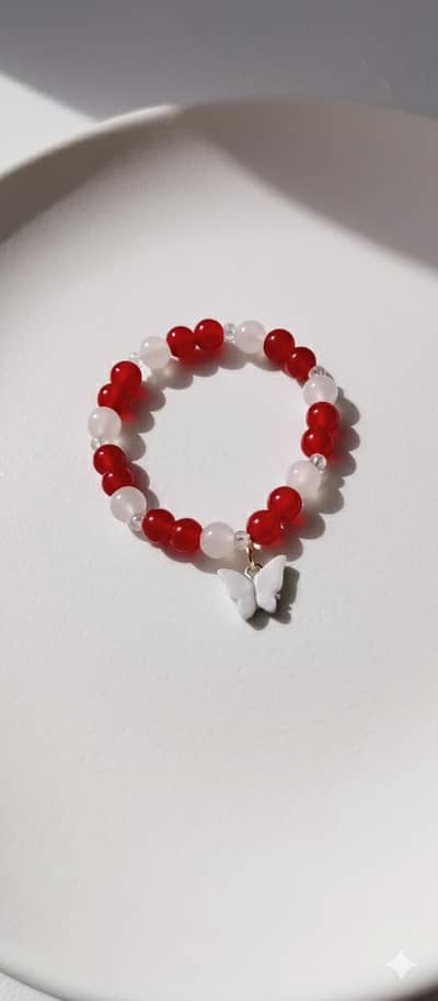 Red & White Butterfly Charm Beaded Bracelet 