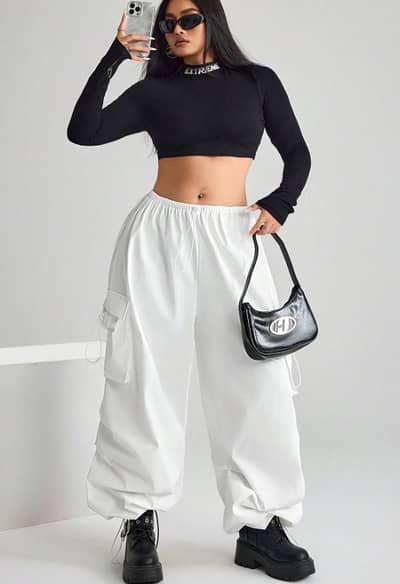 High-Waist Wide-Leg Cotton Cargo Trouser with Elastic Waistband