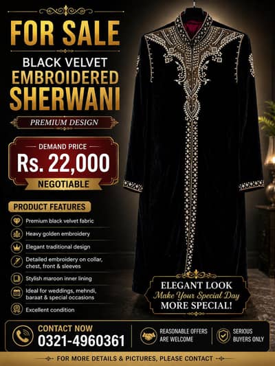 Velvet Embroidered Sherwani / Coat For Sale