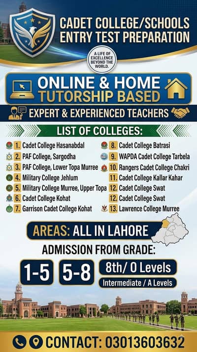 Tutors available only for Cadet colleges entrance exam.