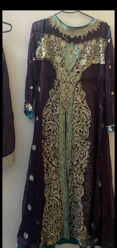 three piece embroidered chiffon dress for mehndi event