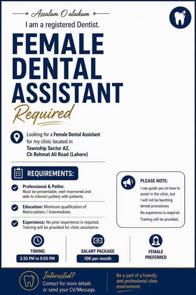 Looking for female Dental Assistant