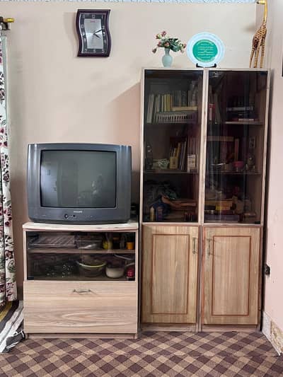 Wooden Book Rack / Glass Showcase Cabinet with Matching TV Trolley