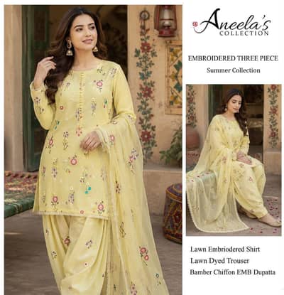 New Aneels Luxury Embroidered 3pc Lawn Suit - Bamber Chiffon Dupatta