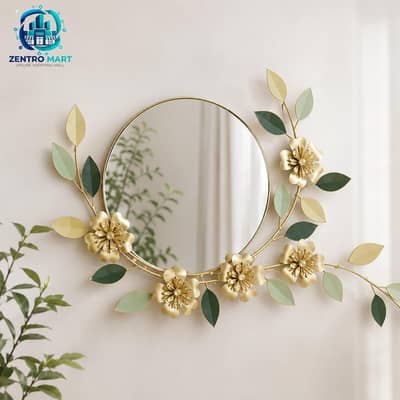 Beautiful floral leaf metal round mirror