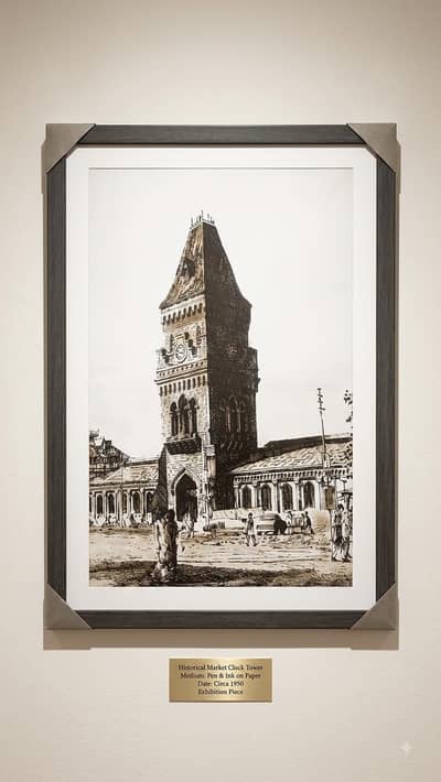 Original Historical Market Clock Tower Painting