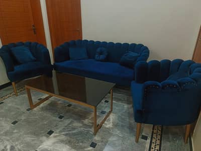 5 seater modern velvet sofa set with glass center table
