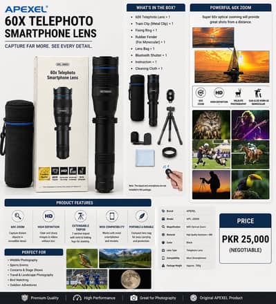 Original 60x Telephoto Smartphone Lens with Universal Clip – HD Zoom