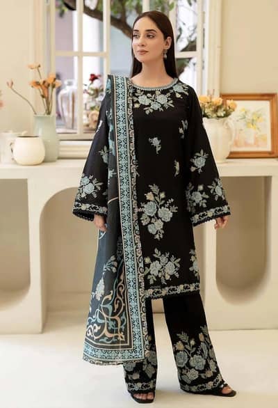 Black Embroidered 3 Piece Cotton Lawn Unstitched Suit- Zahra