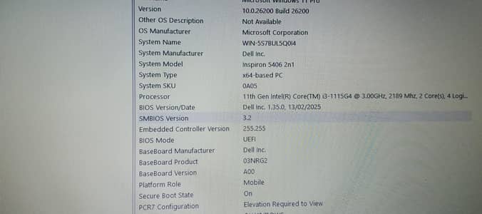 Microsoft windows 11 pro , version 10.26200, 11th gen i3 @3.00Ghz