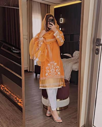 Mustard Yellow Embroidered Organza 3-Piece Suit