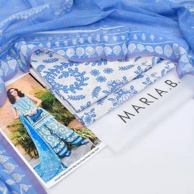 Blue & White Printed 3 Piece Lawn Unstitched Suit with Chiffon Dupatta