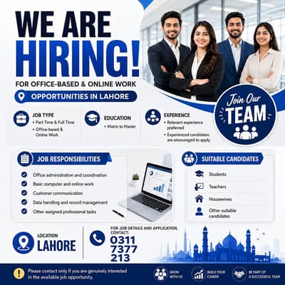 Office & Online Work Jobs in Lahore – Part Time & Full Time
