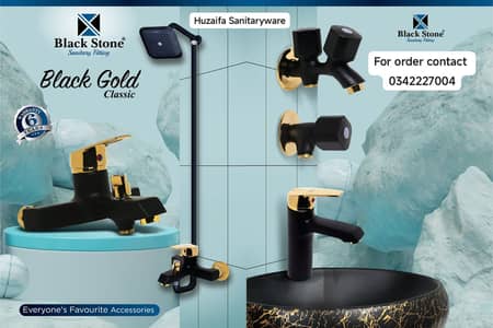 Premium Black Stone Brass Bathroom Fittings Set (Black Gold Classic)