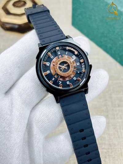 Men's Black Rubber Strap Watch with Gold Dial