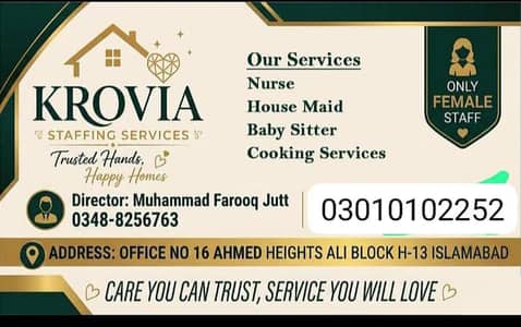 House Maid / Baby Sitter / Nurse Job / Domestic Staff Required