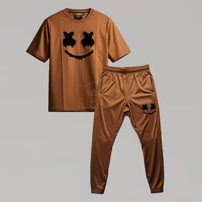 Men Micro Print Track Suit Brown Eid Festive Wear