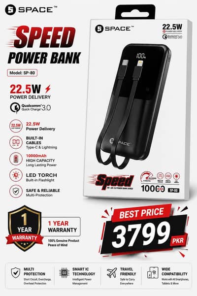 SPACE SP-80 10000mAh Power Bank | 22.5W Fast Charging