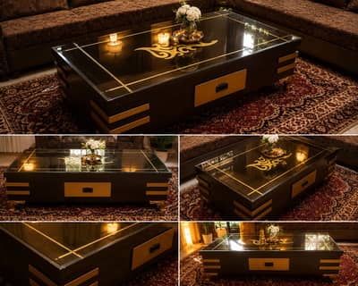 Premium Designer Wooden Coffee Table with Glass Top – Gold Detailing