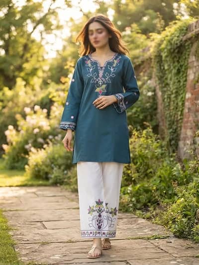 ​2 Pcs Women's Stitched Cotton Embroidered Suit