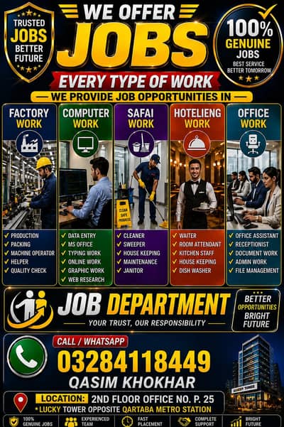 Need urgent staff different factories in Lahore