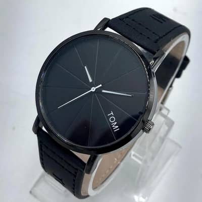 Tomi Quartz watch black geometric Dial faux leather strap