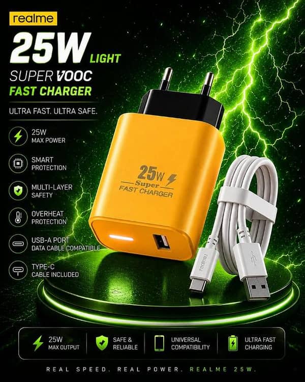 Realme 25W Light with Android Micro USB Cable SuperVOOC Fast Charger Included | Ultra Fast Mobile Charging Adapter | Smart Multi-Layer Protection & Overheat Safety | Universal Compatibility USB-A Port Data Cable Compatible Wall Charger (Black)