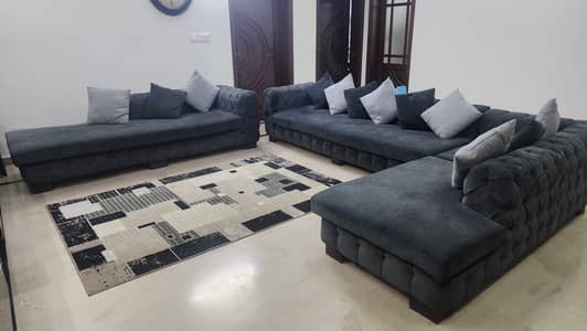Premium 9-Seater L-Shaped Sofa – Elegant Grey Fabric