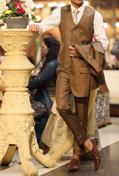 3 piece brown check suit- coat, waistcoat & pant  formal wear