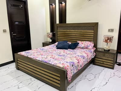Pure wooden bed for sale, including a dressing table and two side tab