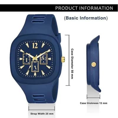 Blue analog watch with golden accents for mens