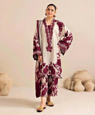 Premium 3PC Maroon Silky print Unstitched Suit 