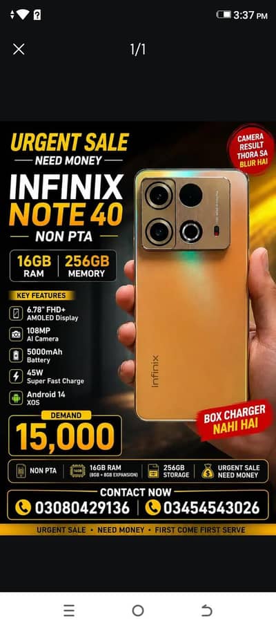 Infinix Note 40 16 gb ram 256 memory