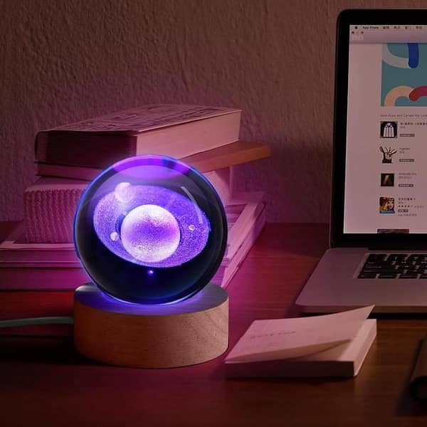 USB LED Night Light Galaxy Crystal Ball Lamp – 3D Planet Moon Mood Lamp for Bedroom, Kids Room, Home Decor – Festival Gift Table Lamp for Children & Adults – Color Changing RGB Crystal Ball Light with Wooden Base – Compact Nightstand Lamp