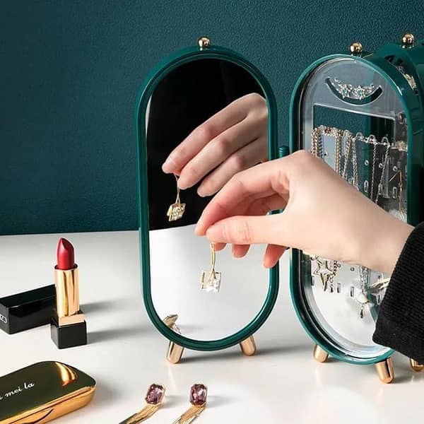 Foldable Earring Holder Jewelry Organizer Box with Mirror, 4-Layer Dustproof Earring Necklace Display Stand Jewelry Box with 153 Holes for Women and Girls