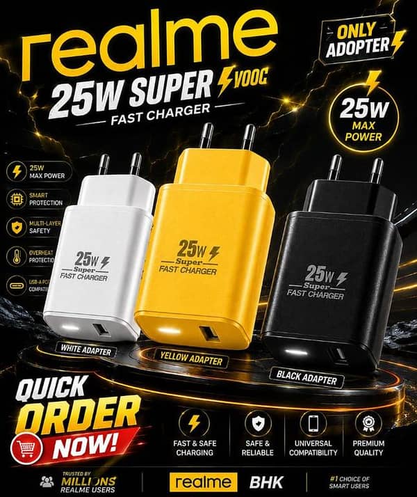 Realme 25W Only Adapter SuperVOOC Fast Charger - Max Power Super Fast Charging Wall Charger Premium Quality Mobile Adapter with Smart Protection & Multi-Layer Safety (White, Yellow, Black)