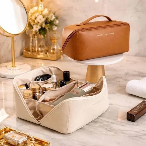 Classy Leather Cosmetic Bag – Portable Makeup Pouch for Travel